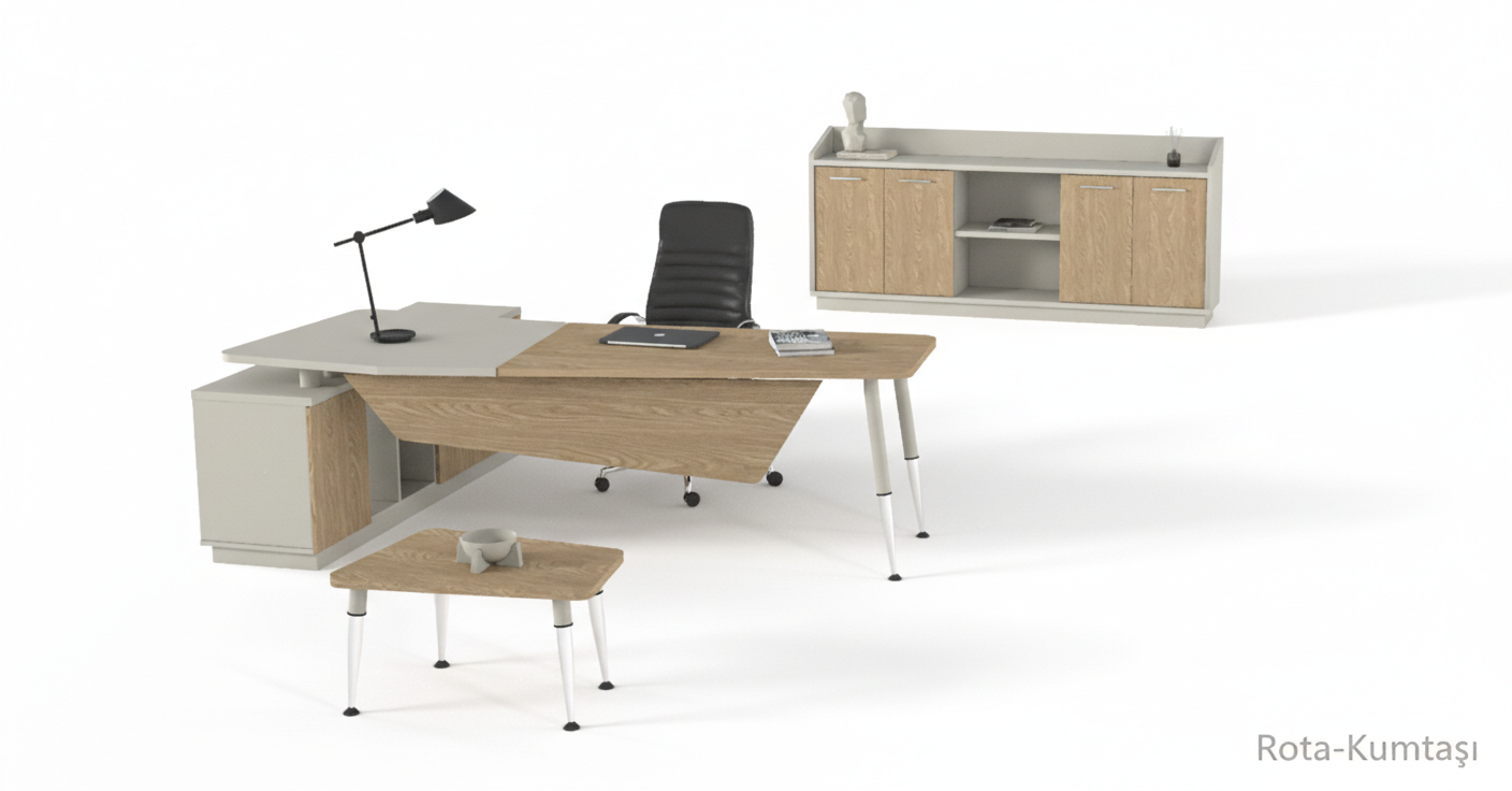 Efeler Ofis Boomerang Yönetici Makam Masa Takımı 225x188x75h - Rahle-Antrasit - Oturunca Etajer Solda