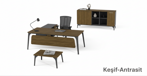Efeler Ofis Compact Yönetici Makam Masa Takımı 200x180x75h - Keşif-Antrasit - Oturunca Etajer Solda