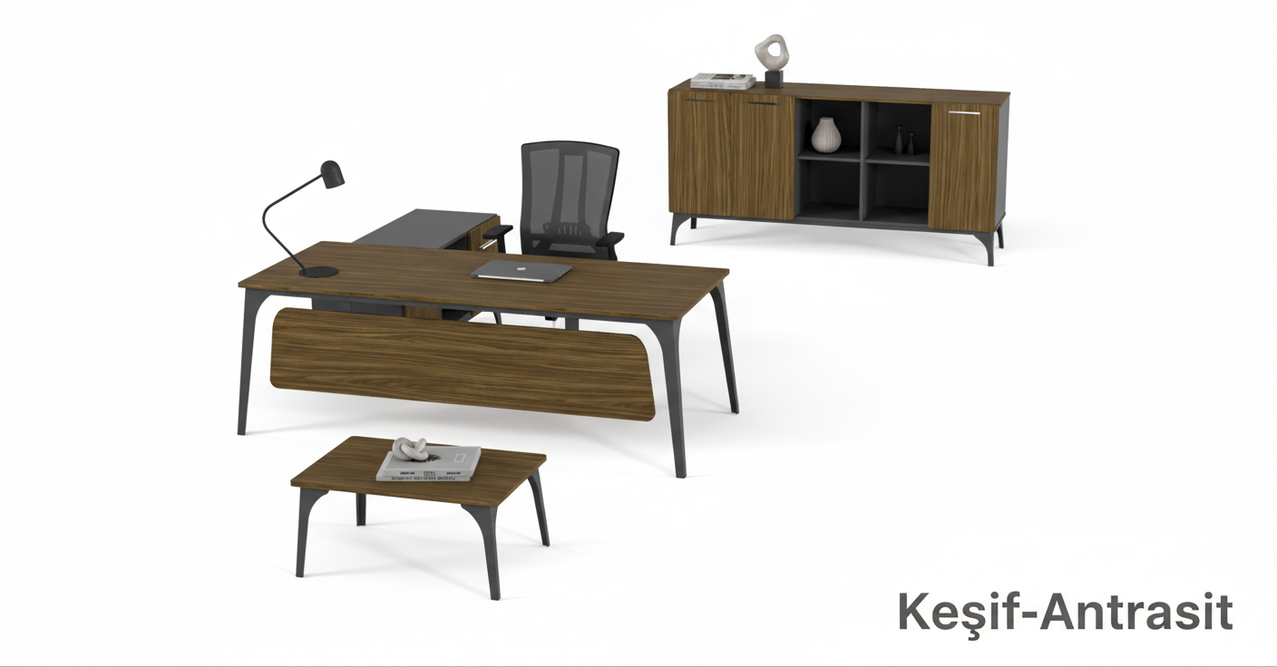 Efeler Ofis Compact Yönetici Makam Masa Takımı 220x180x75h - Rota-Kumtaşı - Oturunca Etajer Solda