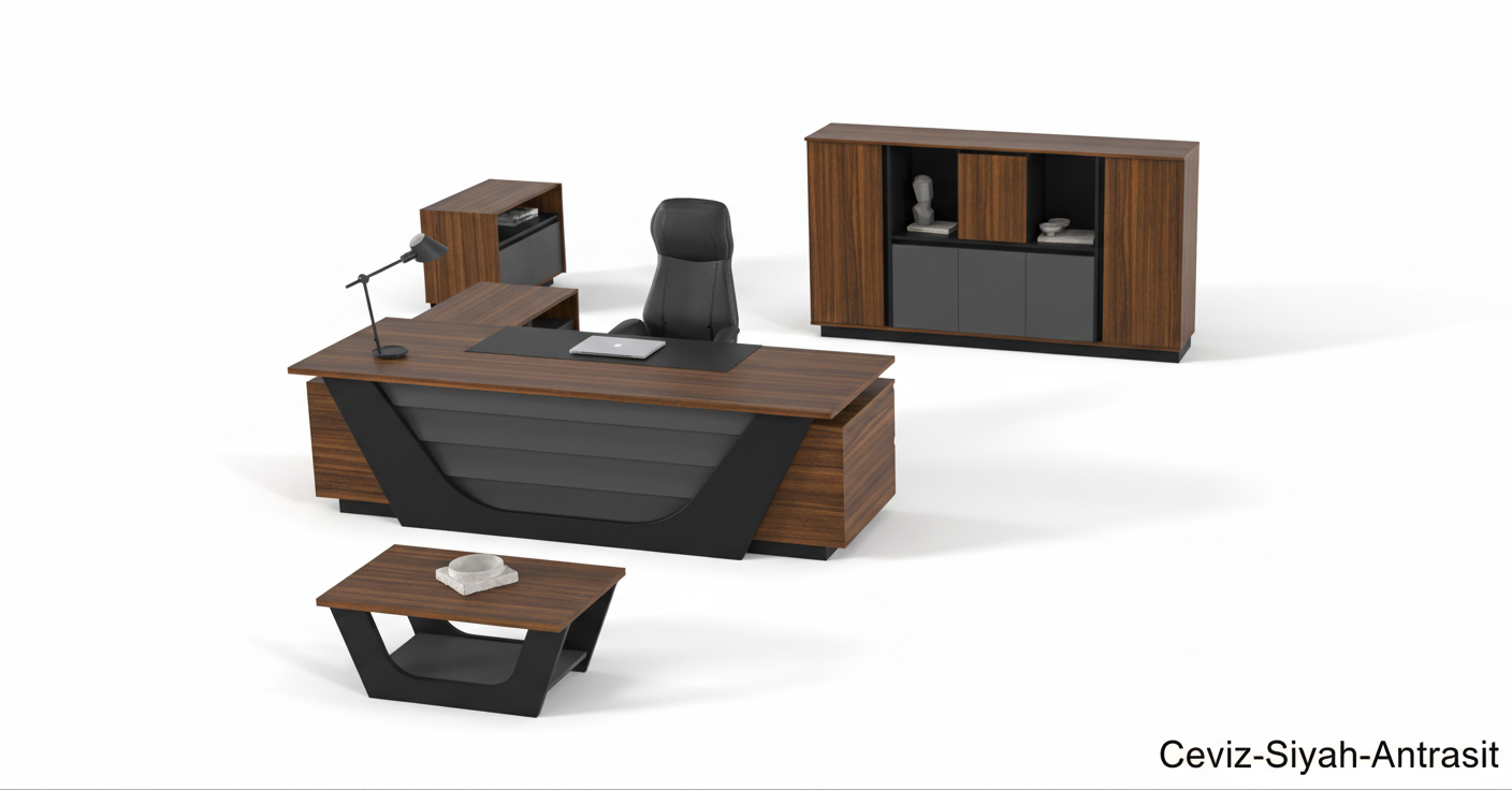 Efeler Ofis Forge Üst Yönetici Makam Masa Takımı 260x90x75h - Keşif-Siyah-Kumtaşı