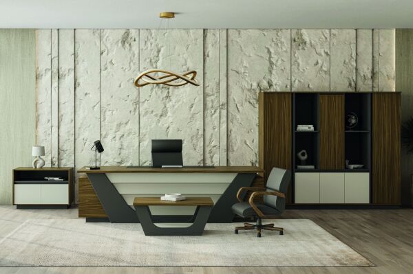 Efeler Ofis Forge Üst Yönetici Makam Masa Takımı 240x90x75h - Ceviz-Siyah-Antrasit