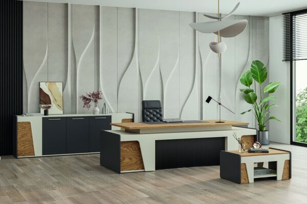 Efeler Ofis Kaplan Üst Yönetici Makam Masa Takımı 240x90x75h - Zirve-Kumtaşı-Antrasit