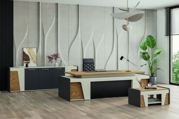 Efeler Ofis Kaplan Üst Yönetici Makam Masa Takımı 260x90x75h - Zirve-Kumtaşı-Antrasit