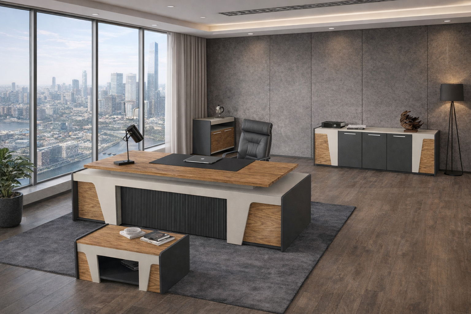 Efeler Ofis Kaplan Üst Yönetici Makam Masa Takımı 240x90x75h - Rahle-Kumtaşı-Antrasit