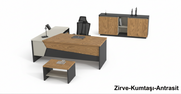 Efeler Ofis Prizma Yönetici Makam Masa Takımı 200x175x75h - Zirve-Kumtaşı-Antrasit - Oturunca Etajer Sağda
