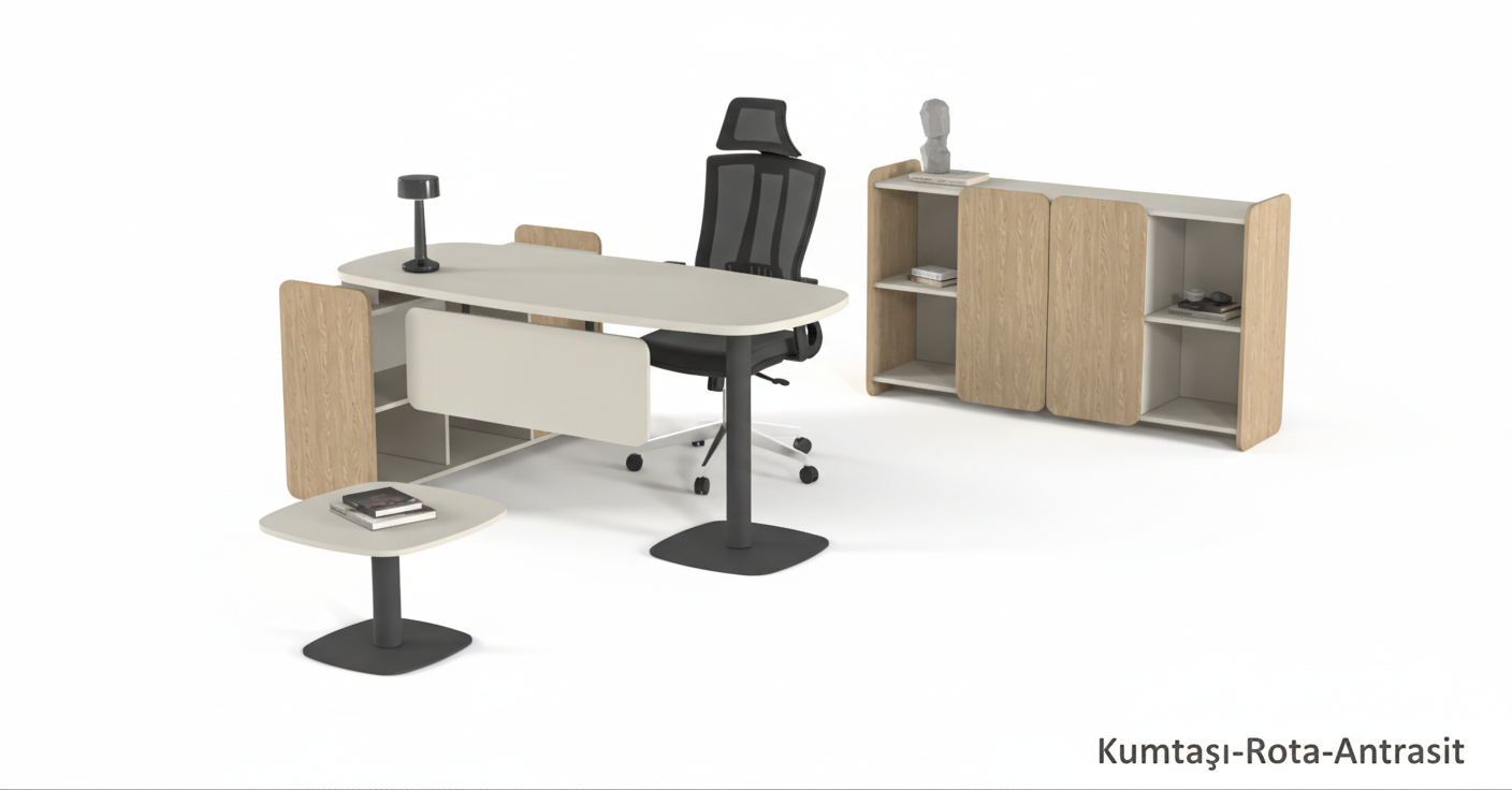Efeler Ofis Stella Yönetici Makam Masa Takımı 200x80x75h - Oturunca Etajer Sağda - Kumtaşı-Rota-Antrasit