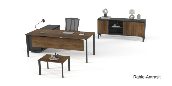 Efeler Ofis Vega Yönetici Makam Masa Takımı 180x200x75h - Rota-Kumtaşı - Oturunca Etajer Solda