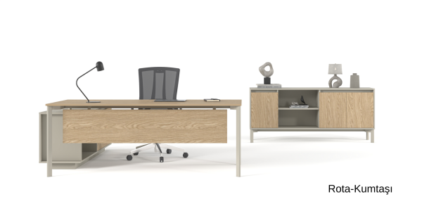 Efeler Ofis Vega Yönetici Makam Masa Takımı 220x200x75h - Rahle-Antrasit - Oturunca Etajer Solda