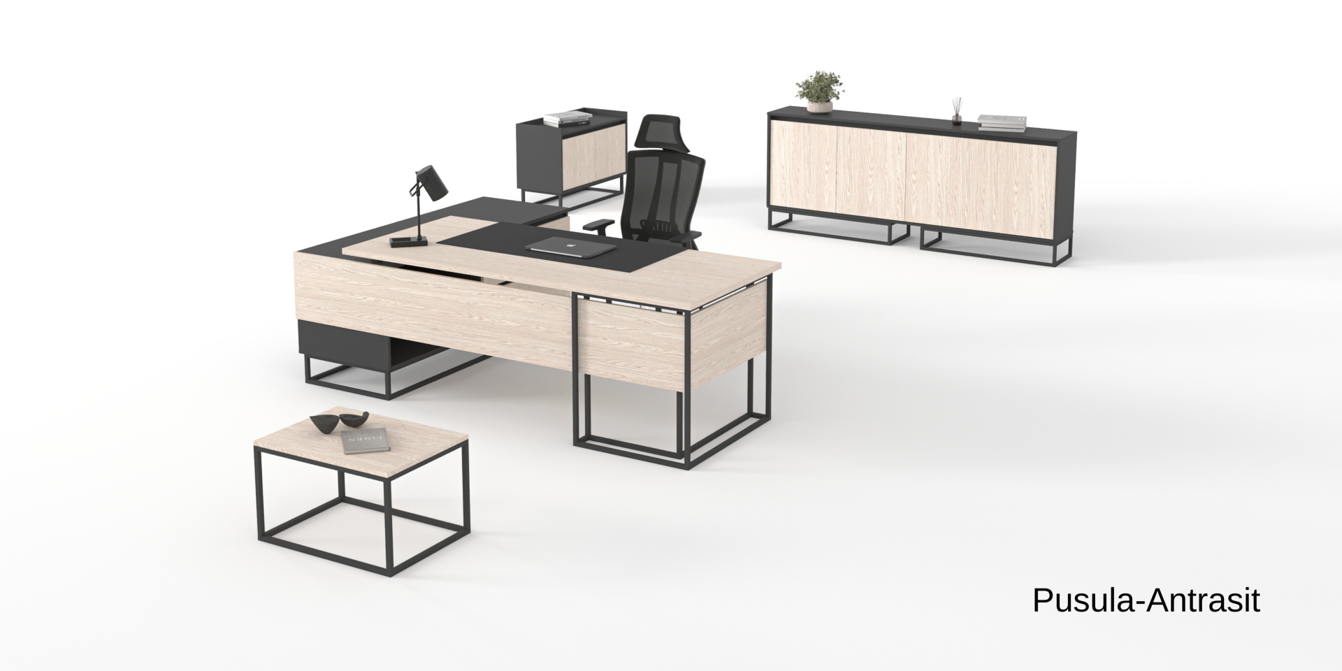 Efeler Ofis Eliz Plus Yönetici Makam Masa Takımı 240x165x75h - Kumtaşı-Yaprak-Yeşil - Oturunca Etajer Solda