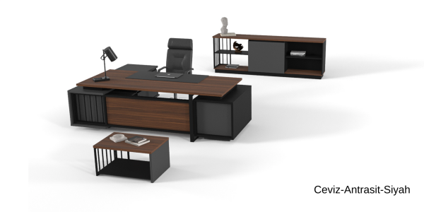 Efeler Ofis Grande Üst Yönetici Makam Masa Takımı 240x181x75h - Rahle-Kumtaşı-Antrasit - Oturunca Etajer Sağda